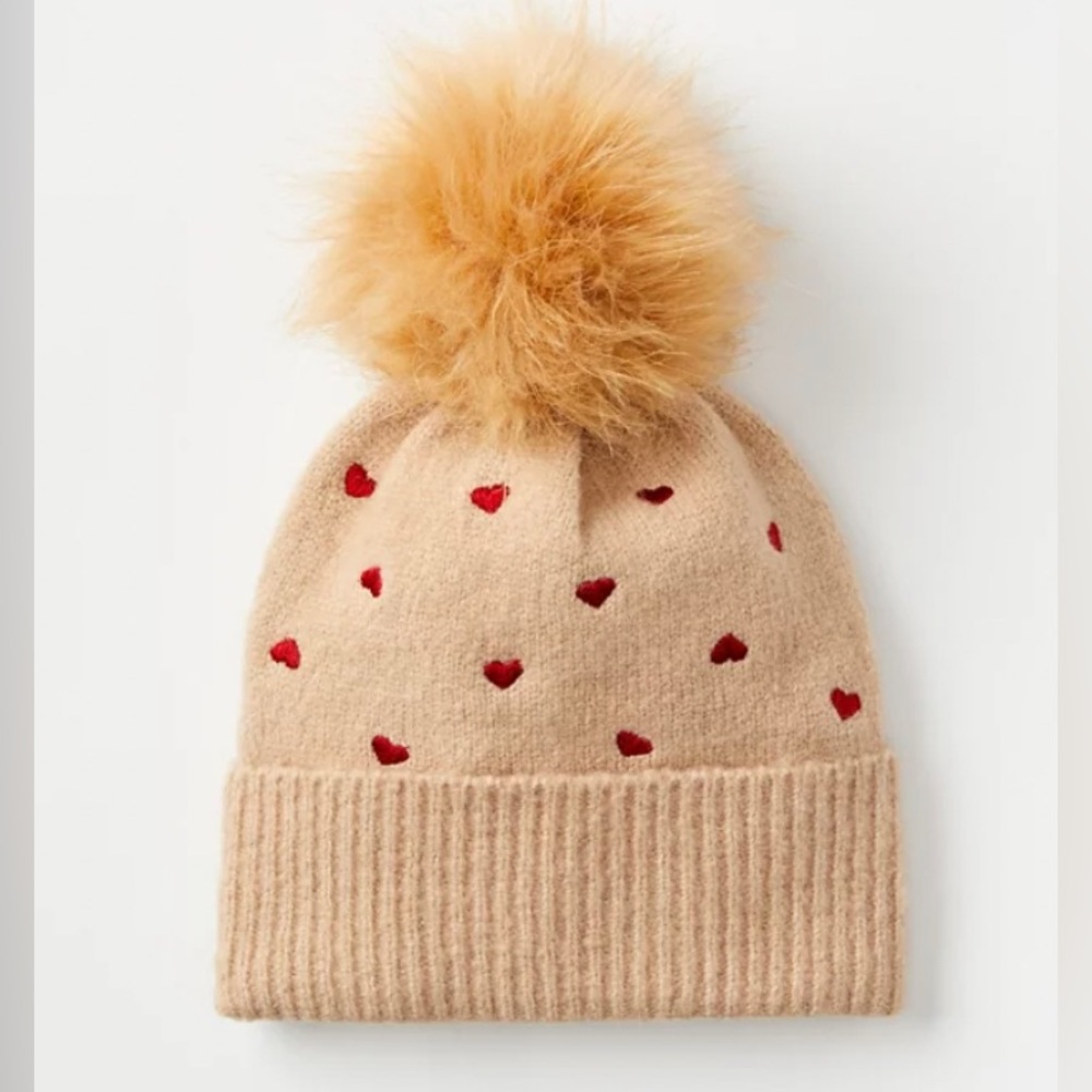 LOFT NWT Embroidered Heart Faux Fur Pom Pom Hat - Camel‎
